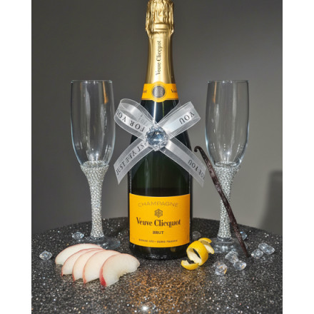 Veuve Clicquot Champagne And Flutes Adorned with Pearls & Rhinestones