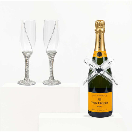 Veuve Clicquot Champagne And Flutes Adorned with Pearls & Rhinestones
